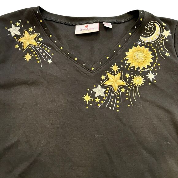 Quacker Factory Women’s Top M Black Celestial V-Neck Long Sleeve Stars Moon - Picture 3 of 10